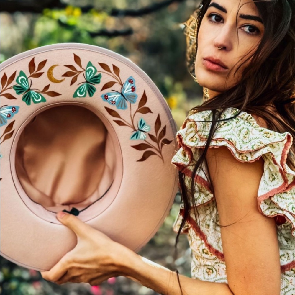 New Luna Bloom hand painted Dolly pink peach beige felt flat brim hat Stetson - Picture 4 of 4